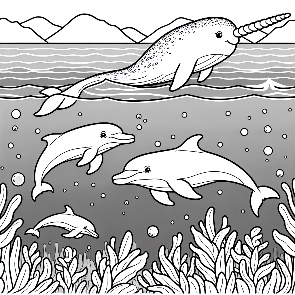 Black and white coloring page of a Narwhal and Dolphins in the ocean