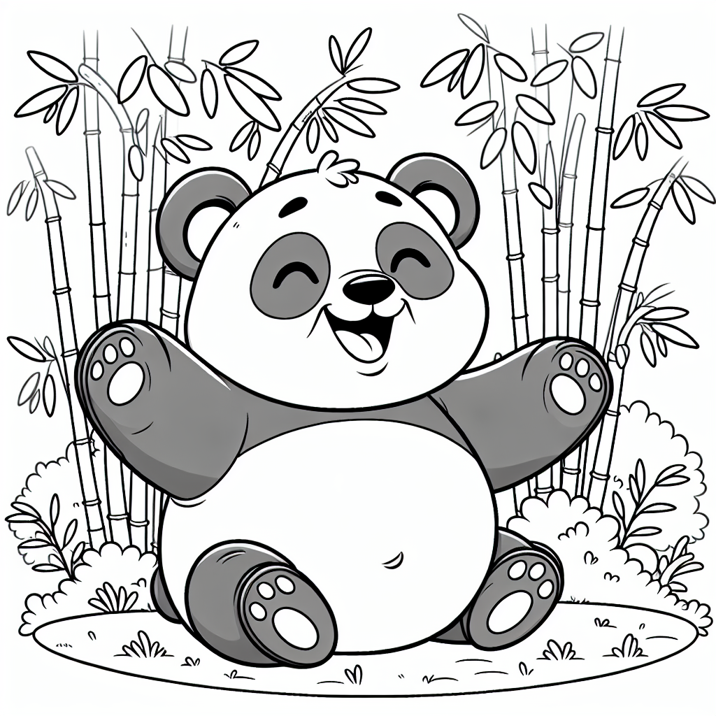 A downloadable black and white coloring page featuring a panda in a bamboo forest.