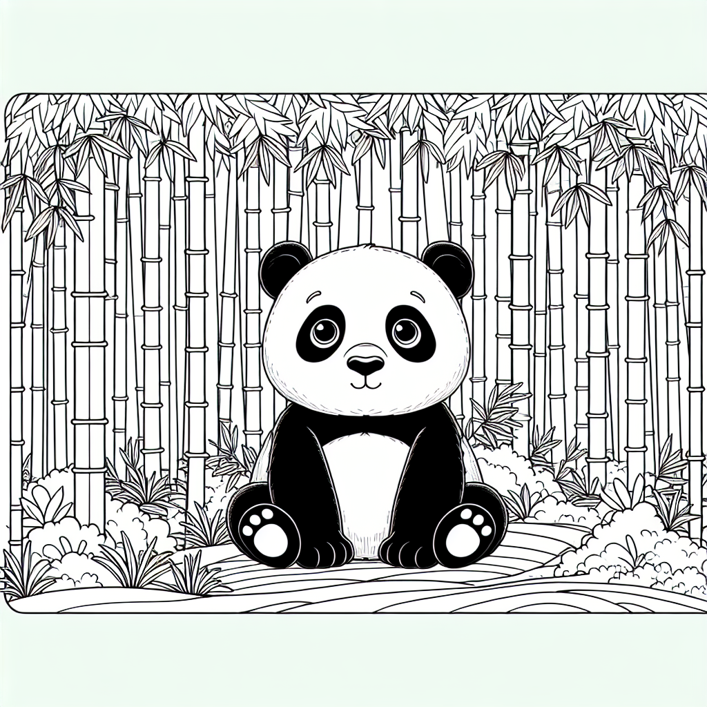 Black and white coloring page featuring a panda in a bamboo forest