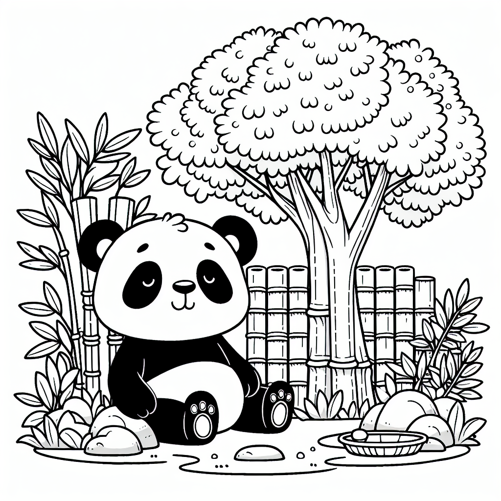 Black and white coloring page of a Panda sitting under a bamboo tree