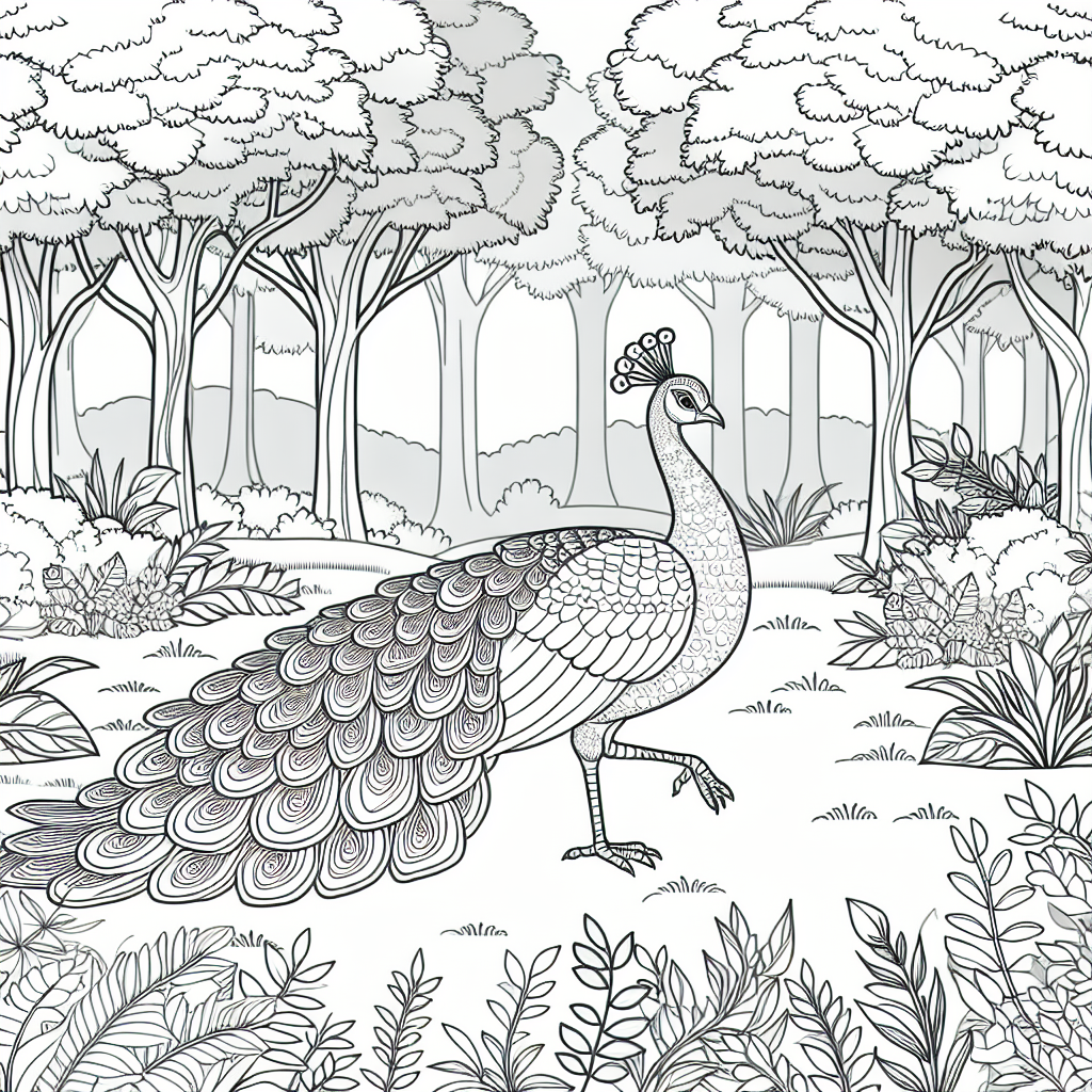 Black and white peacock in a forest clearing coloring page template