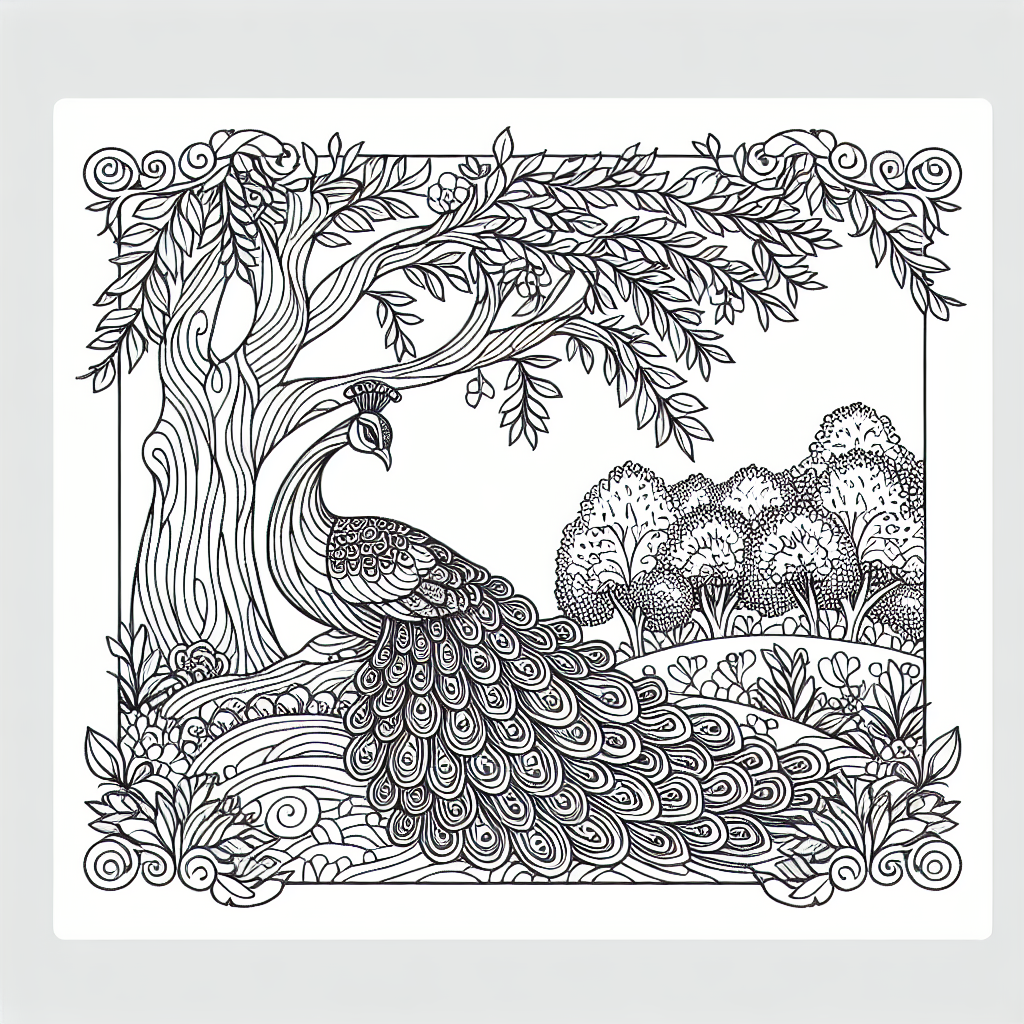 Black and white drawing of a peacock in a tree-filled habitat spreading its plumage