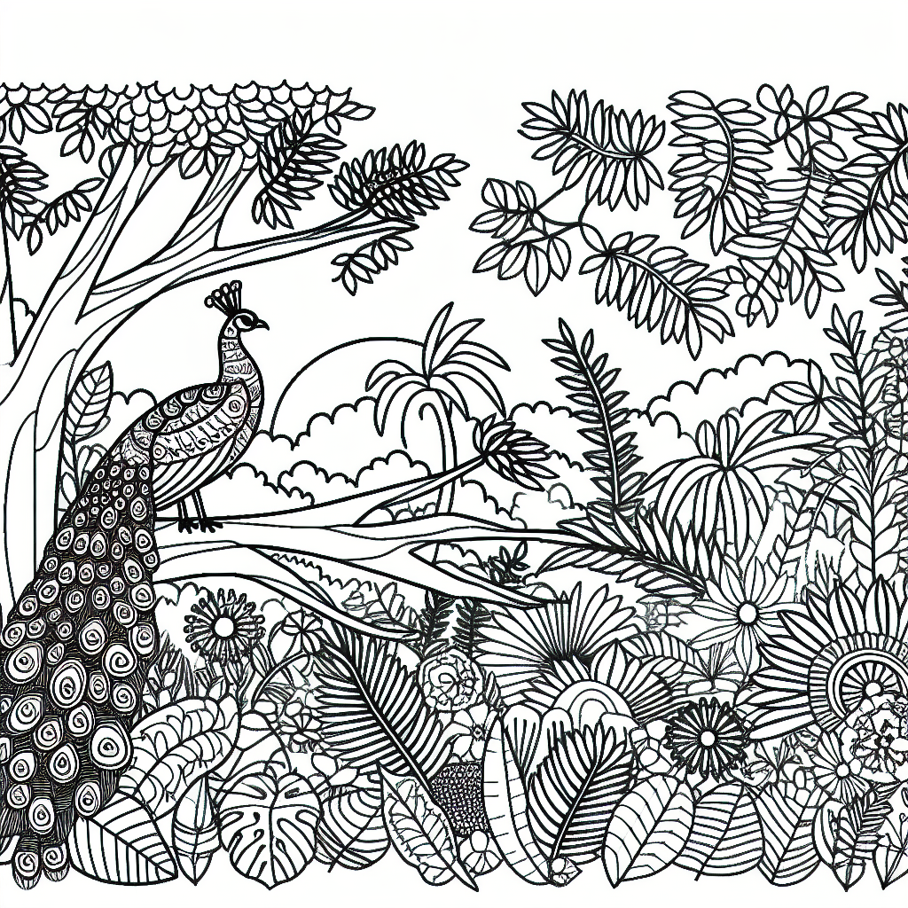 Coloring page of a peacock in a tropical forest