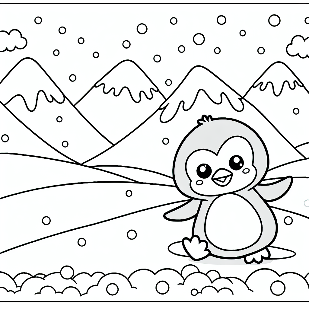 Black and white coloring page of a penguin playing in snowy hills