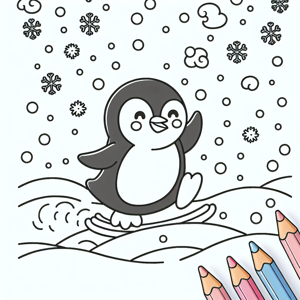 A black and white coloring page of a Penguin amidst a snowstorm