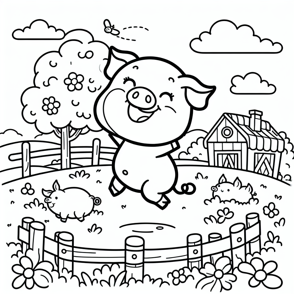 Black and white coloring page of a pig in a countryside farm