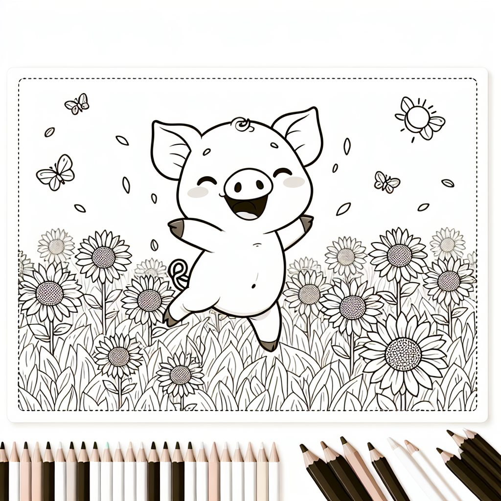 A detailed coloring page featuring a pig in a beautiful sunflower field