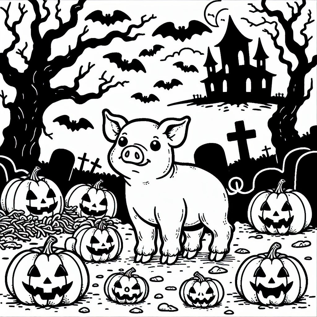 Kids coloring page of a pig celebrating Halloween in a spooky graveyard