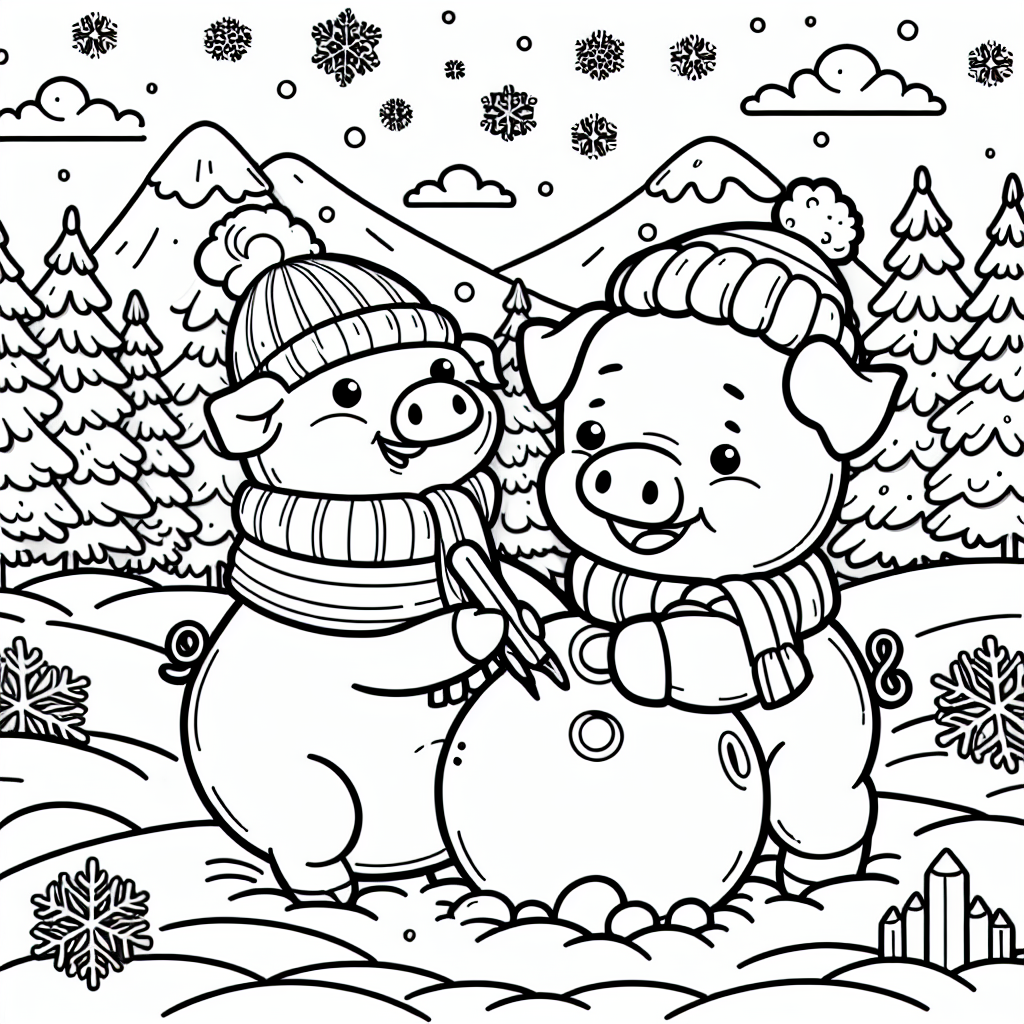 Children's coloring page of a pig making a snowman in a winter setting