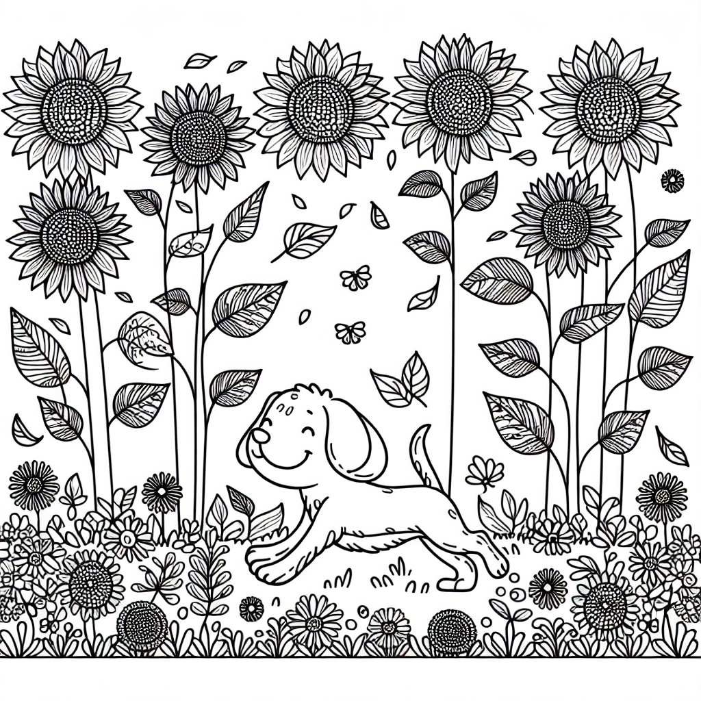 Outline image of a playful dog amongst sunflowers in a garden for kids to color