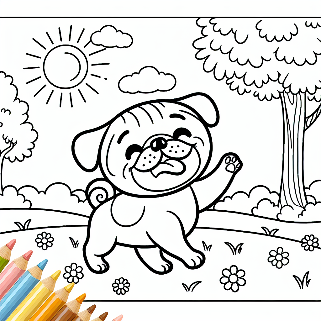 Coloring page of a Pug in park