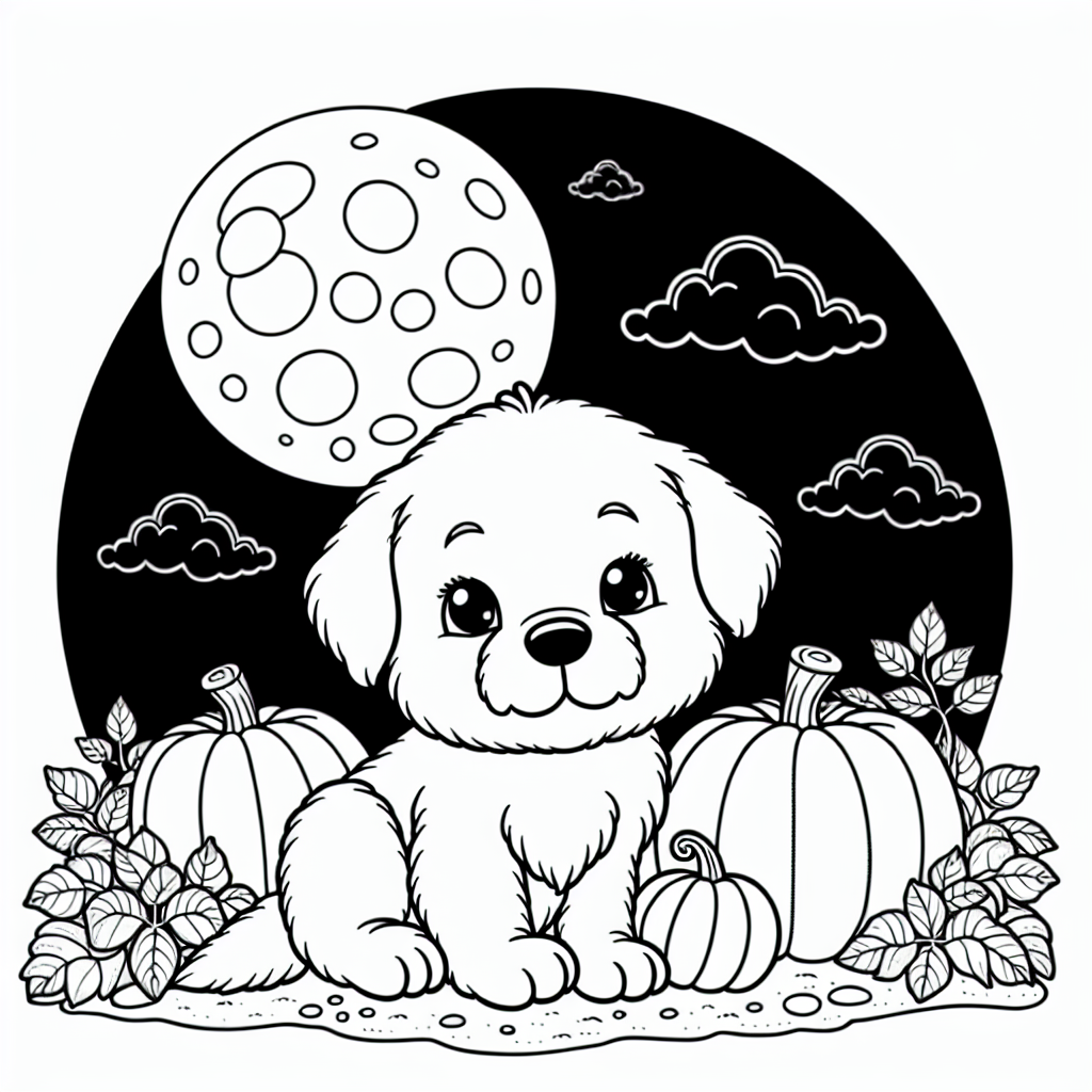 Coloring template of a puppy exploring a pumpkin patch under a full moon, perfect for Halloween