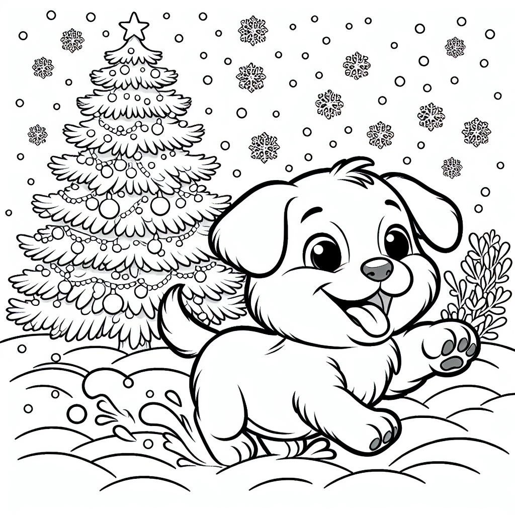 Coloring page of a puppy with a Christmas tree and snow