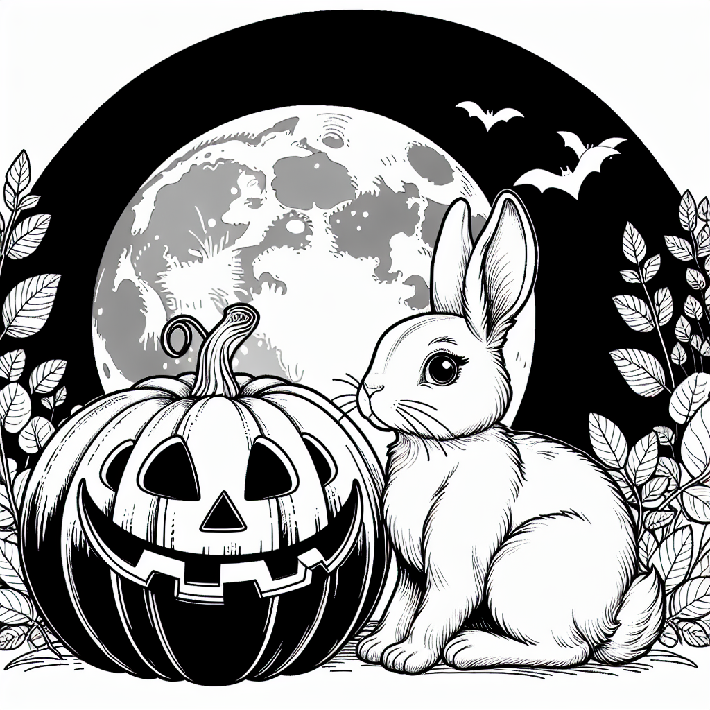 Rabbit 4 Black and white line art image of a rabbit with a Halloween pumpkin and a full moon in the background for coloring