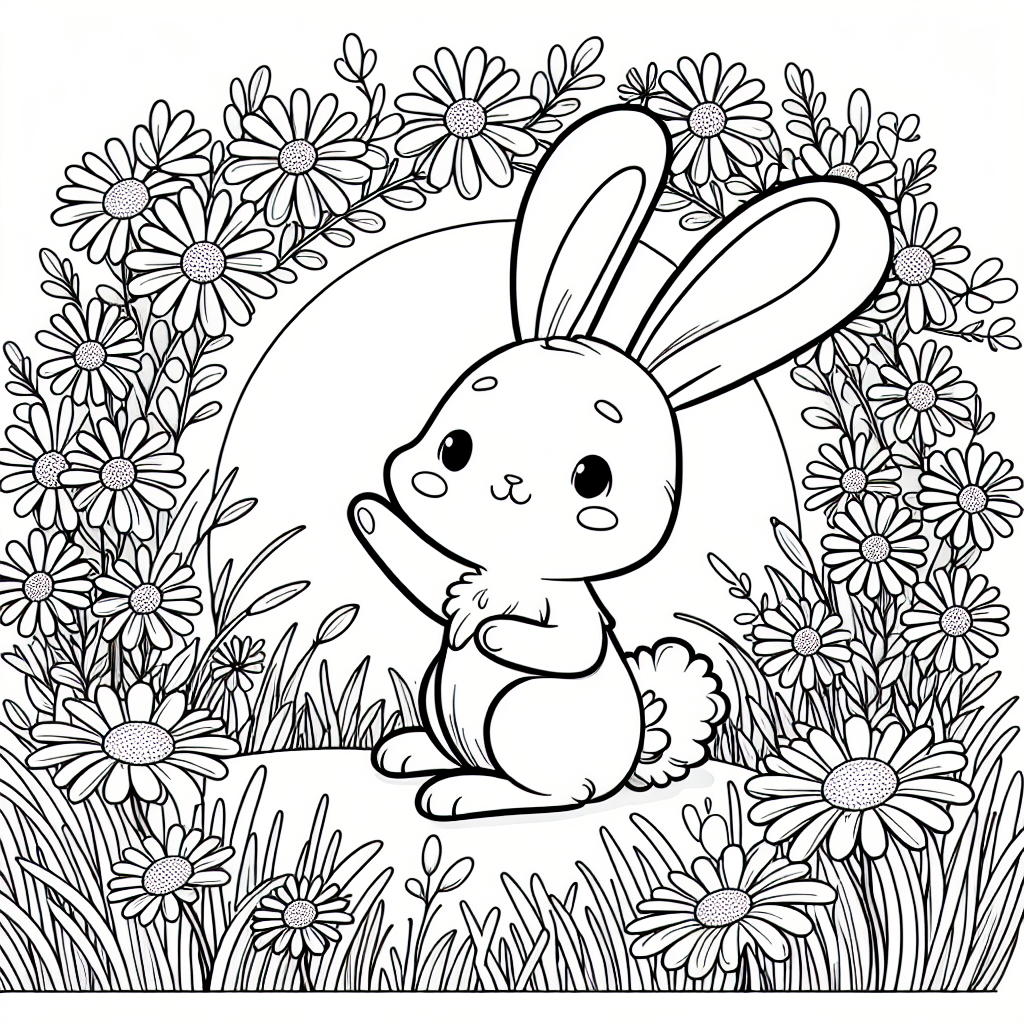 Black and white coloring page of a rabbit in a meadow full of daisies