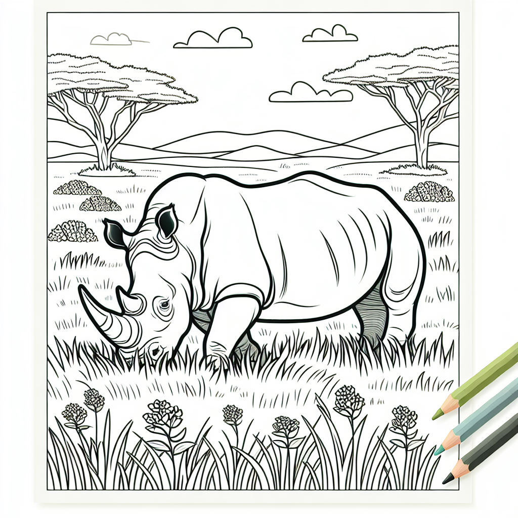 Black and white Rhino peacefully grazing in the Savannah grasslands coloring page template