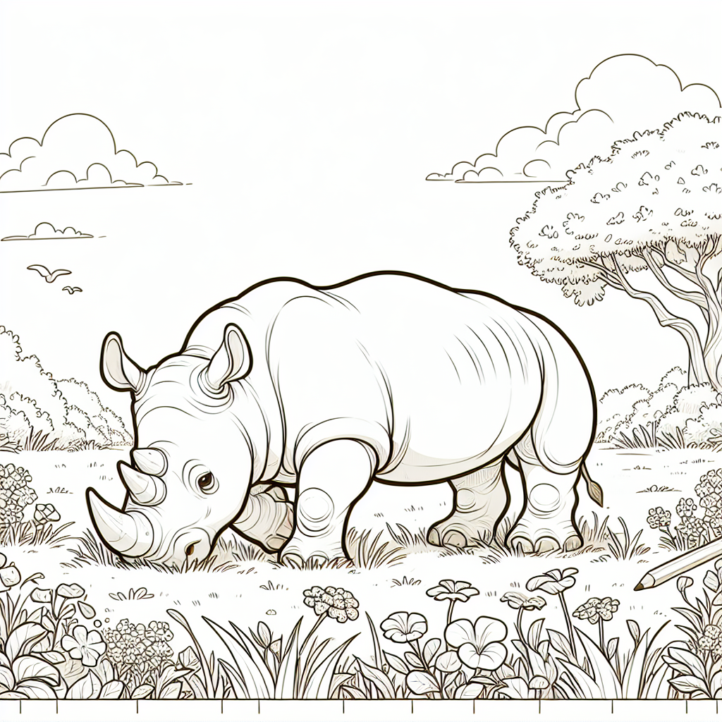 A line sketch of a rhino peacefully grazing in a serene meadow, a perfect coloring template for children