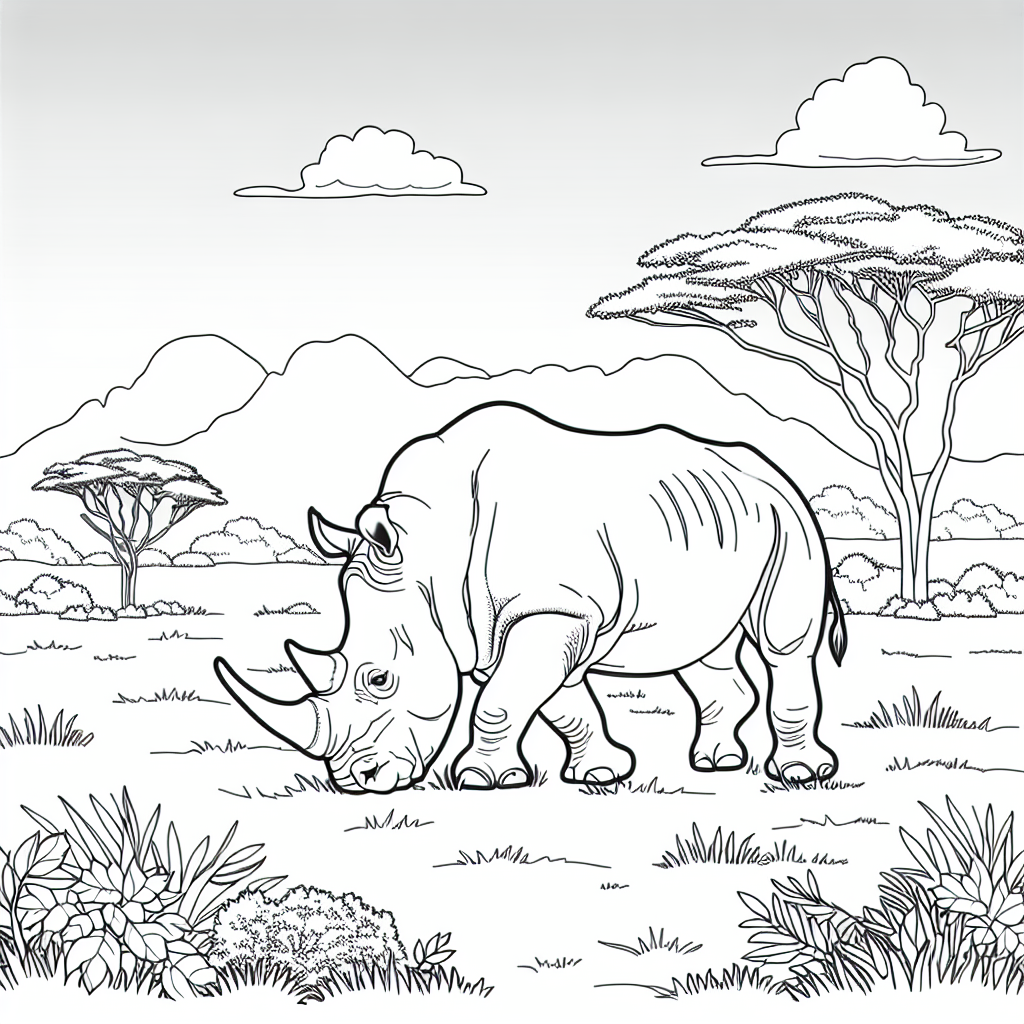 Get Wild: Color a Rhino Grazing in the Rich Savannah 1 Rhino Savannah Grazing