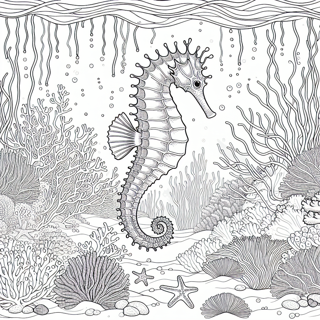 Seahorse swimming in a coral reef coloring page