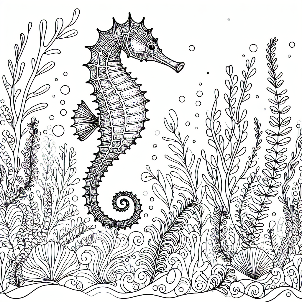 A detailed black and white outline of a Seahorse navigating through an underwater forest, just waiting to be injected with colors of your imagination
