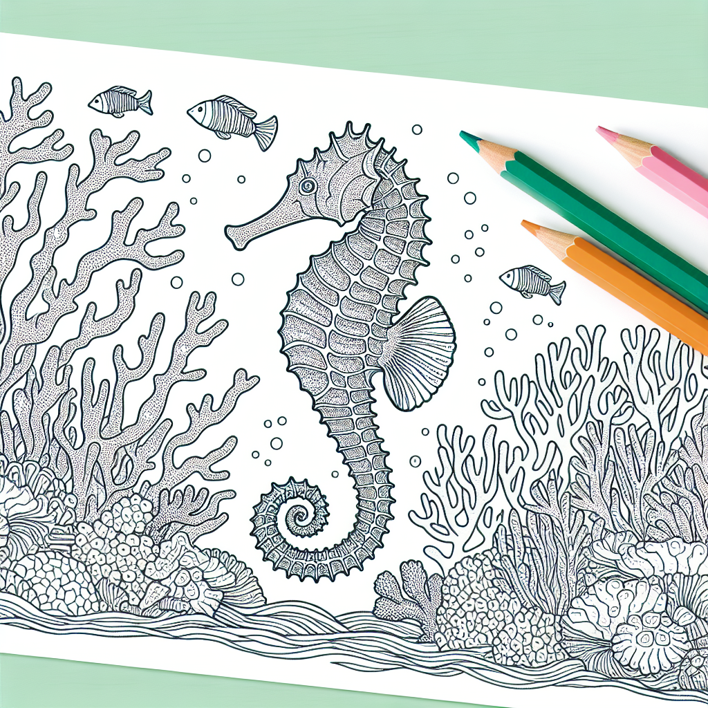 Seahorse amidst coral reef coloring page