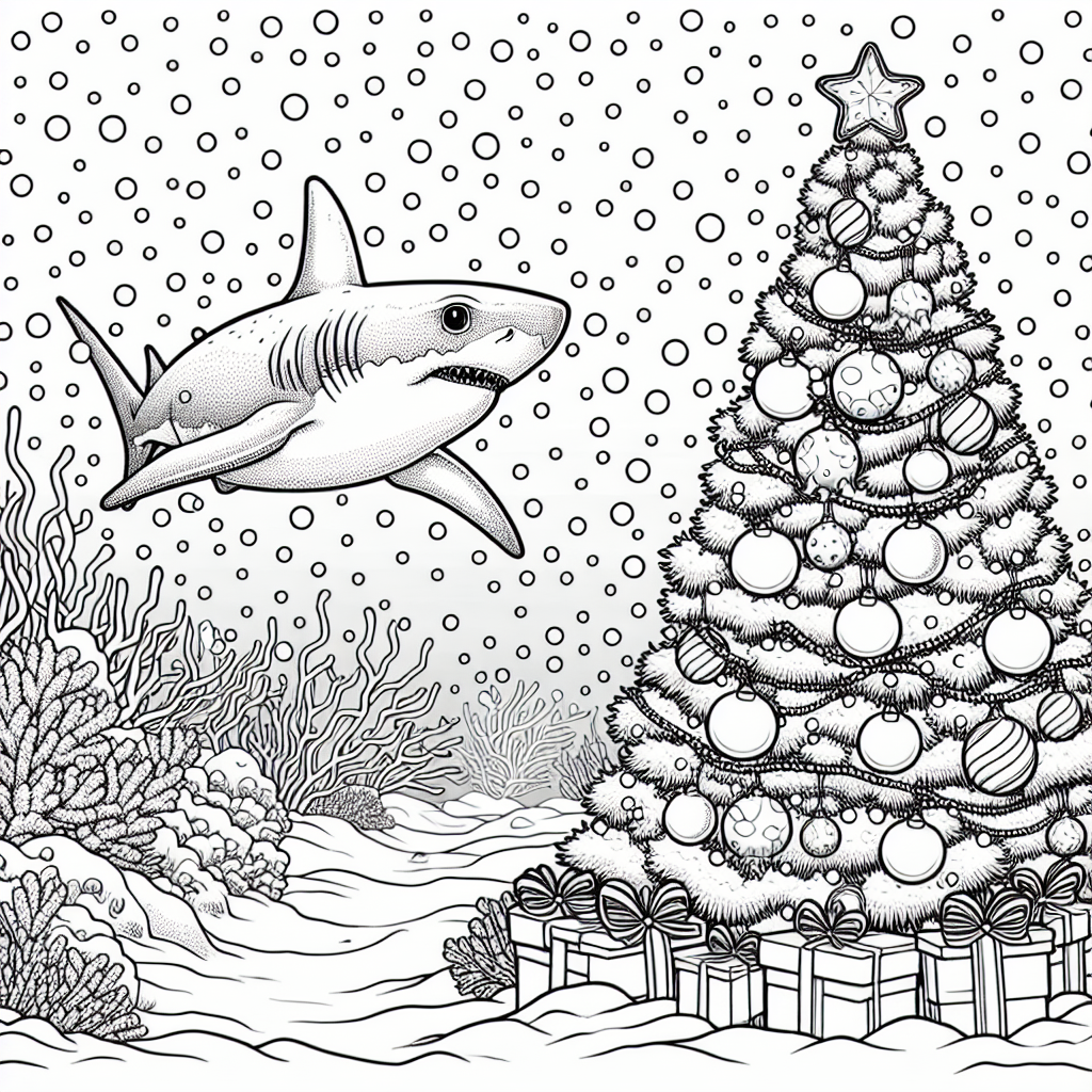 Shark swimming around a festive Christmas tree under the sea