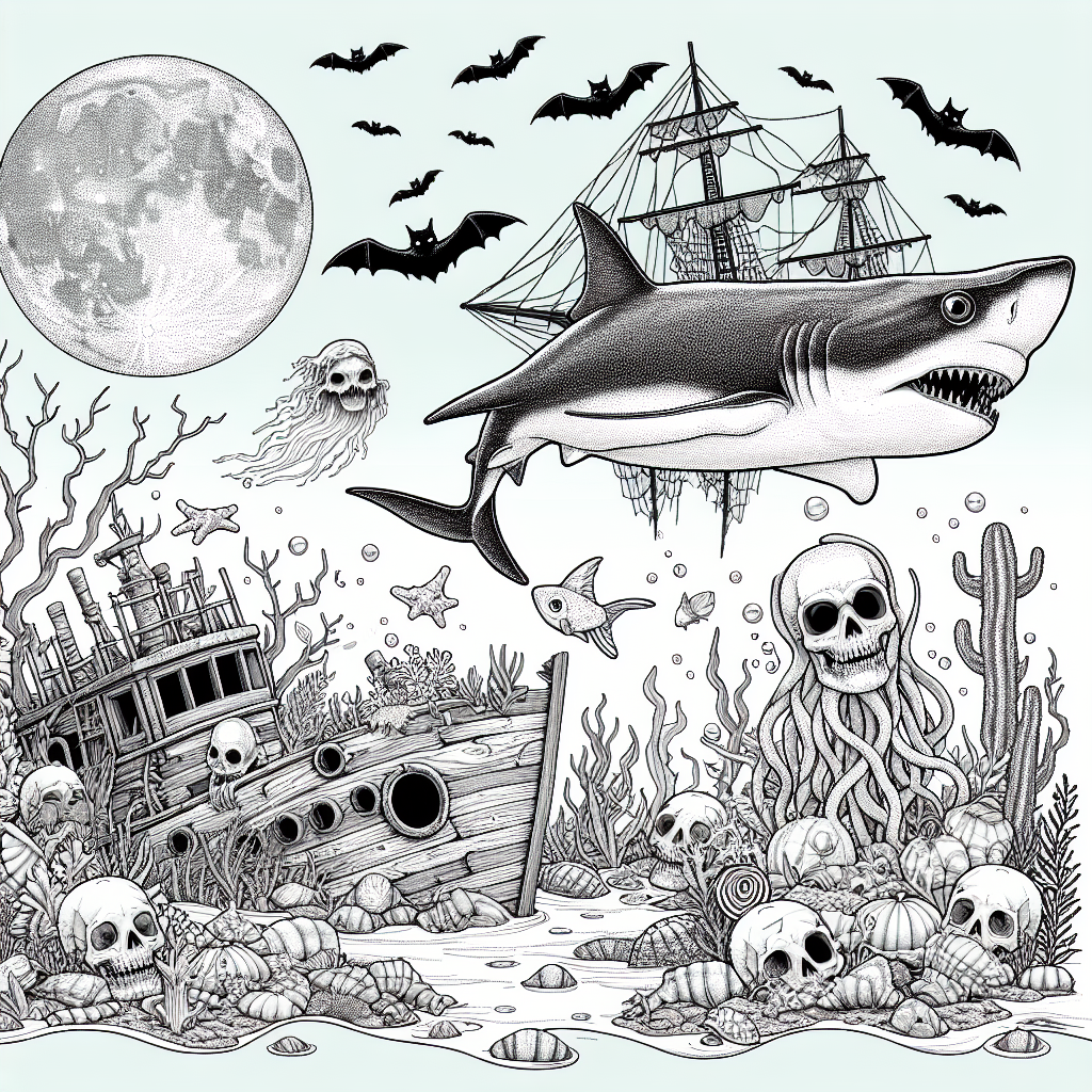 Black and white coloring page template of a shark and a haunted shipwreck for Halloween