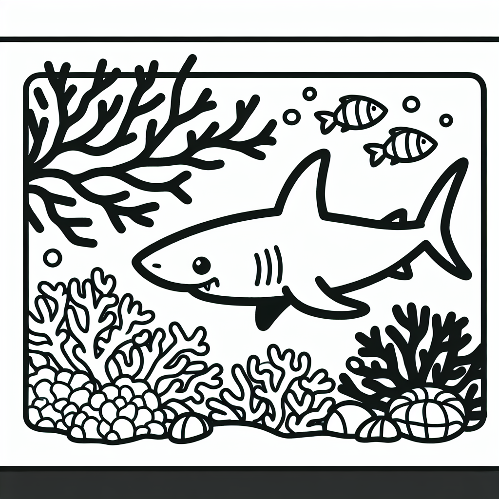 Black and white coloring page template of a shark swimming near a coral reef