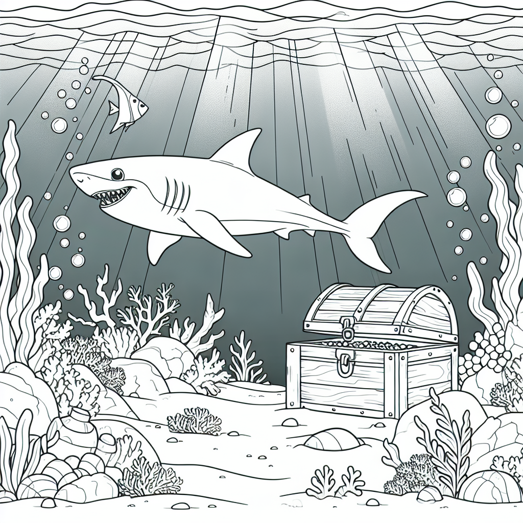 Coloring page of a shark swimming near a pirate treasure chest
