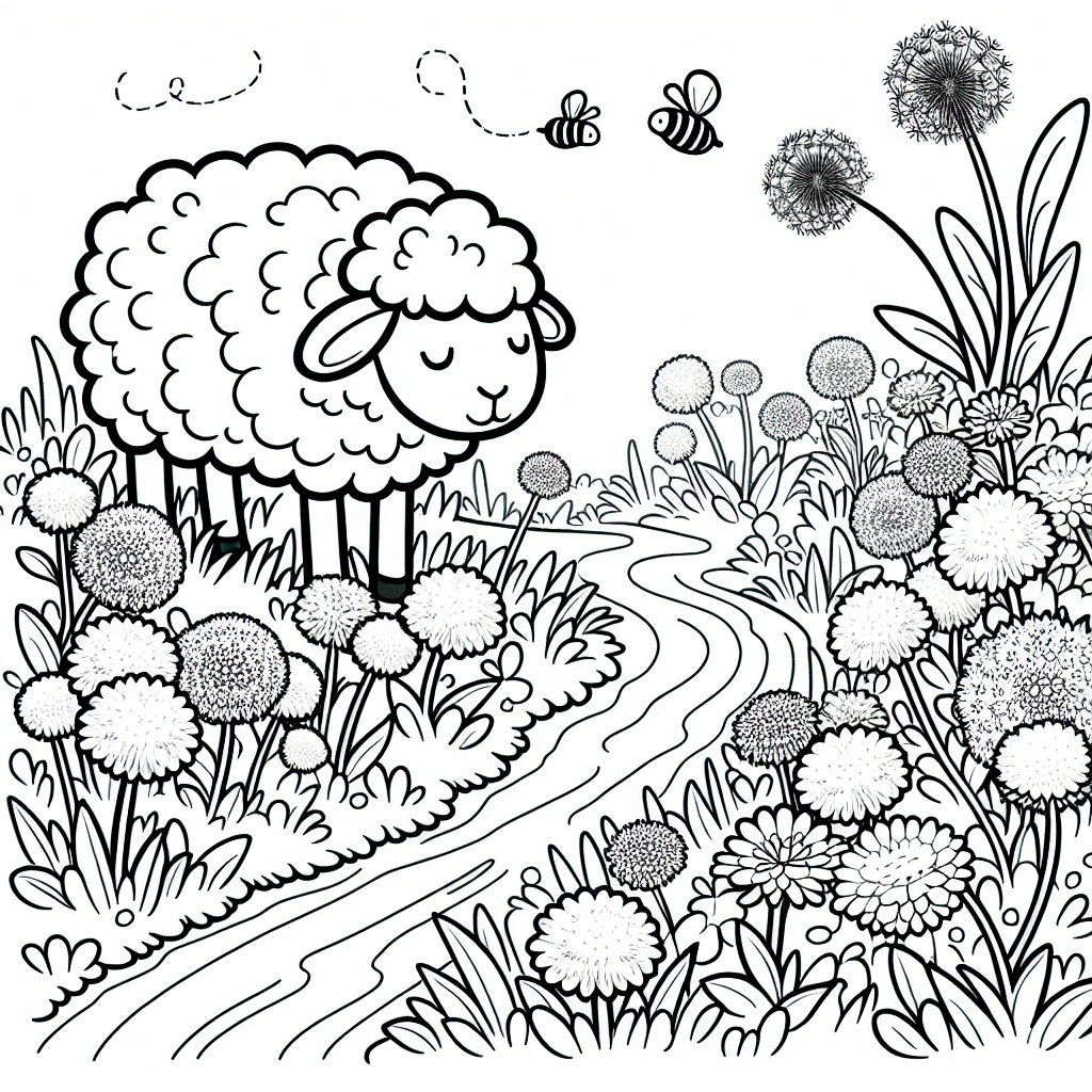 Black and white coloring page illustration of a sheep in a dandelion meadow with buzzy bees and a brook.