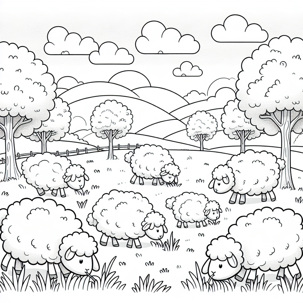 Black and White Coloring Page of a Sheep in a Meadow