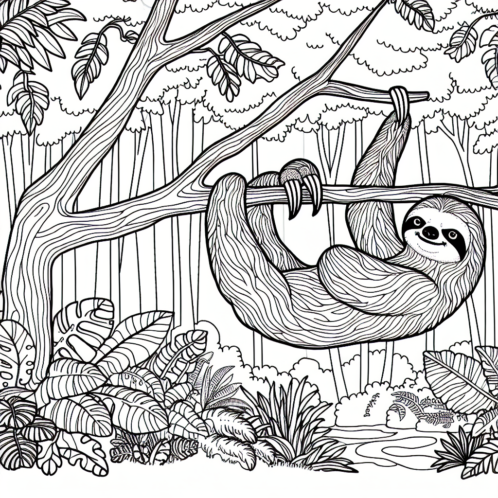 Snake 7 Outline of a sloth hanging from a rainforest tree for coloring