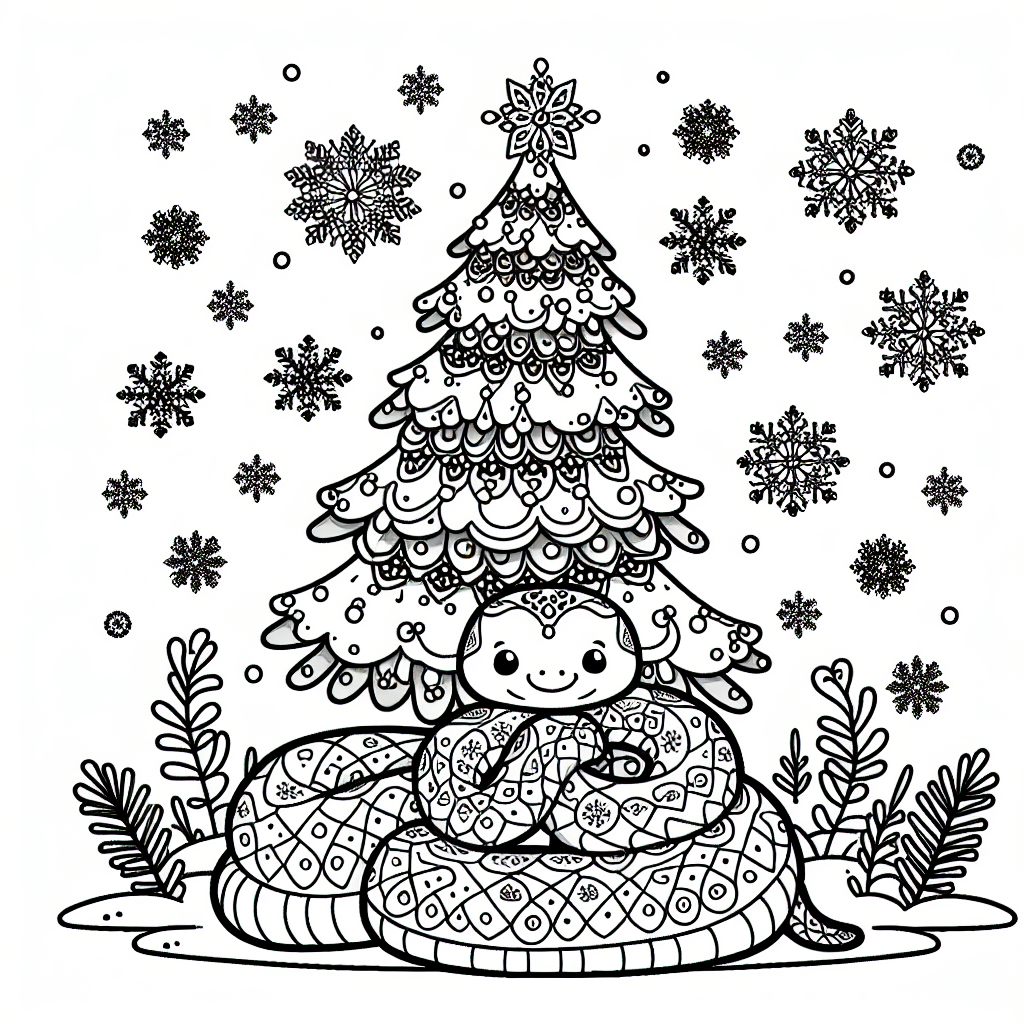 A black and white coloring page of a snake coiled around a decorated Christmas tree with falling snowflakes