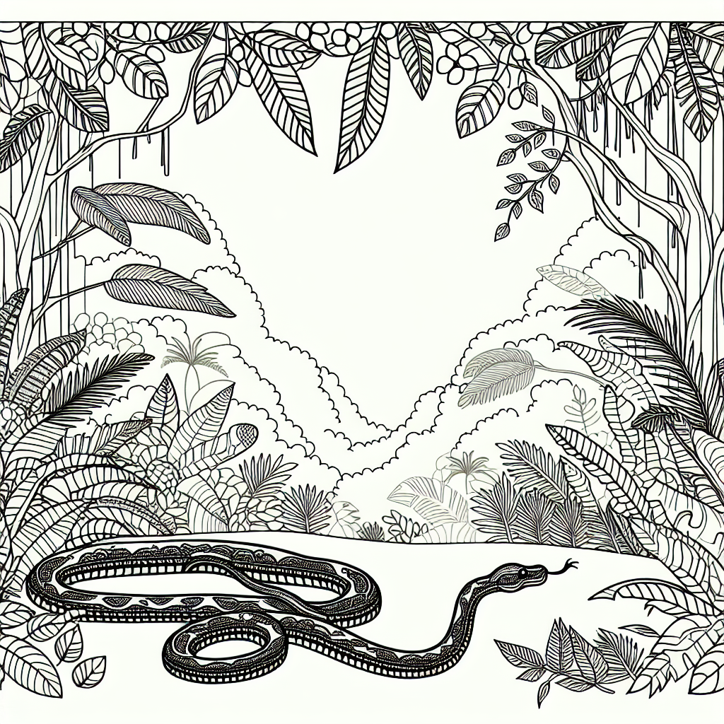 Black and white coloring page of a snake in a jungle