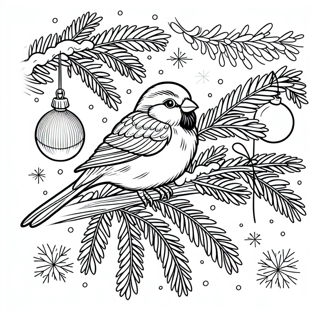 Black and white coloring page template of a sparrow on a snowy pine branch with Christmas ornaments