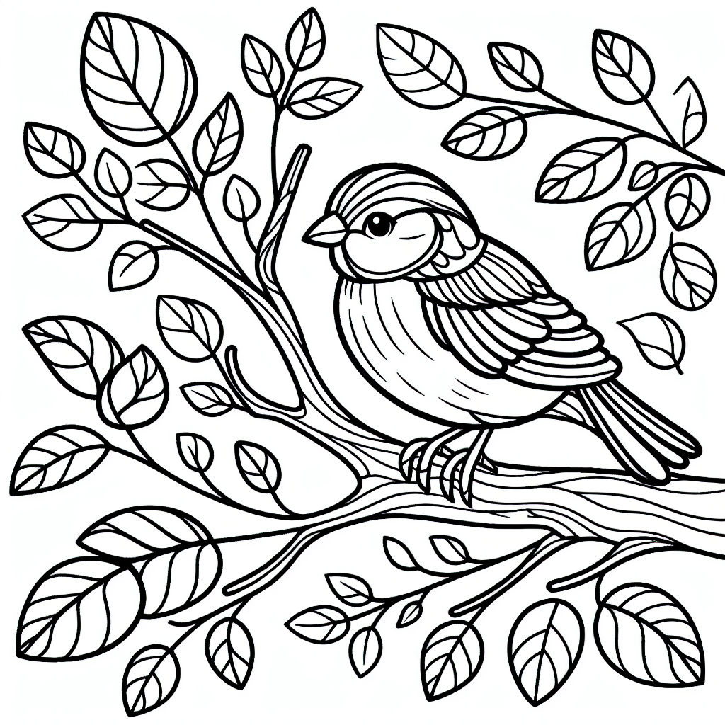 Kids coloring page of a Sparrow sitting on a tree branch surrounded by leaves.