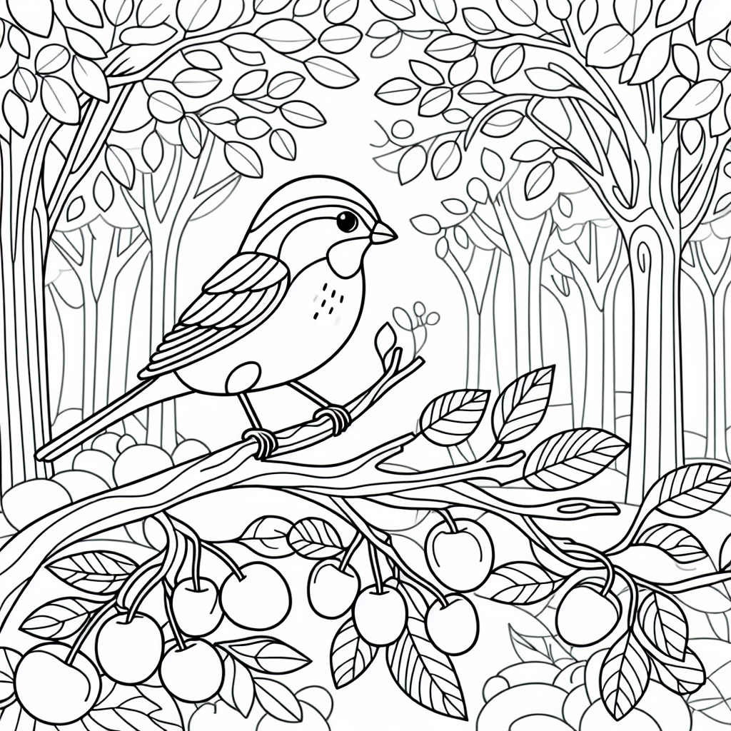 Coloring page template of a sparrow on a fruit laden tree branch with towering trees in the background