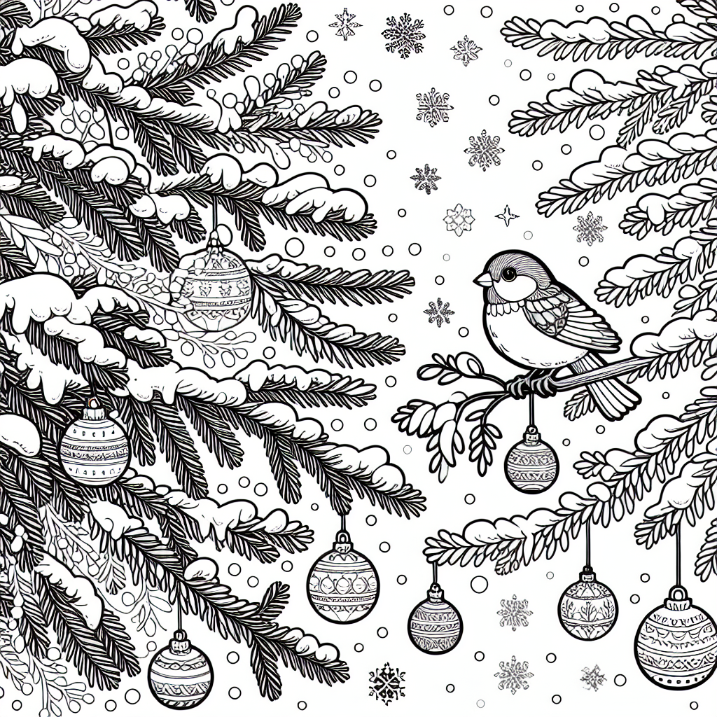 Sparrow on a snowy pine tree with Christmas ornaments for coloring
