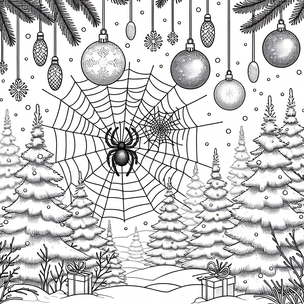 A spider weaving a frosty web among pine trees with Christmas ornaments coloring page