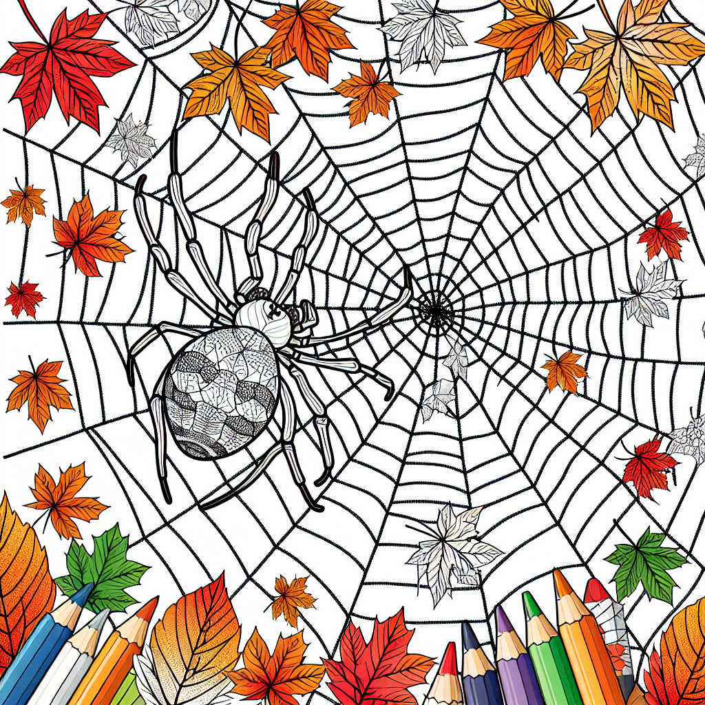 Black and white coloring page of a spider weaving a web among autumn leaves