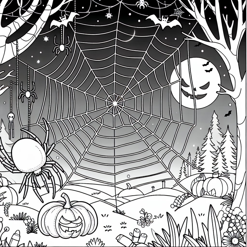 Spider weaving a web on a spooky Halloween night coloring page