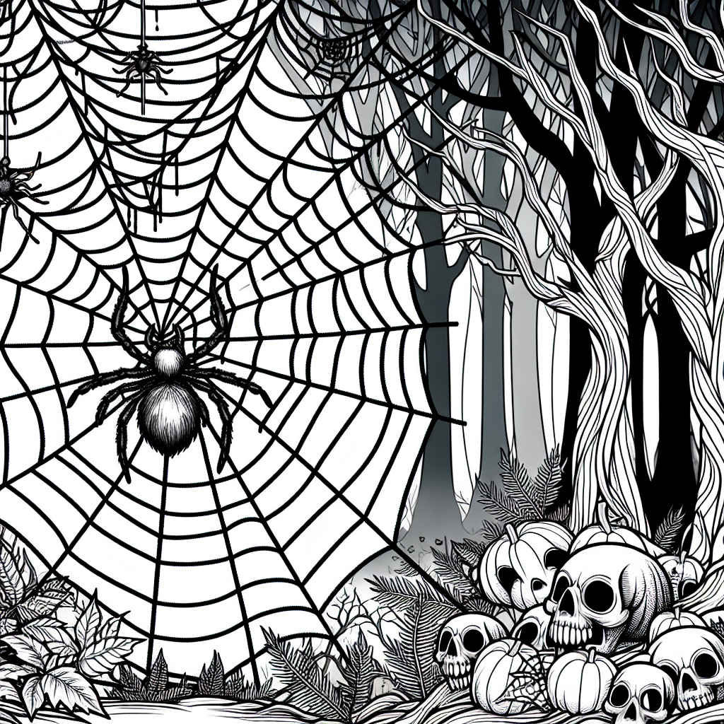 Black and white line art of a spider weaving a web in a haunted forest, before coloring