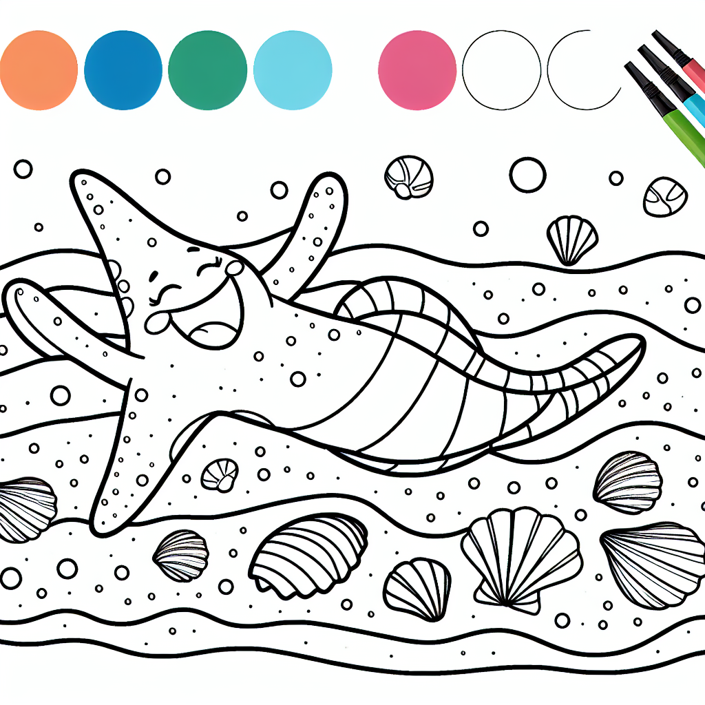 Black and white line drawing of starfish on a seashore with scattered seashells for a kids coloring page.