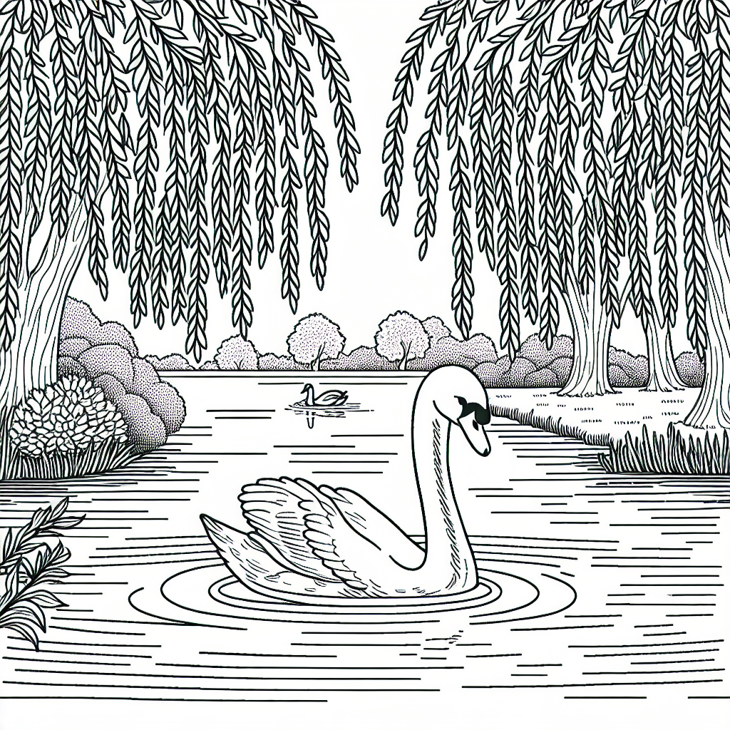 Black and white coloring page template of a swan in a pond with willow trees