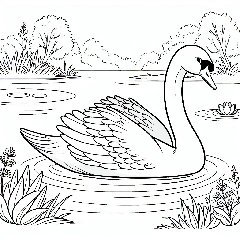 Black and white coloring page of a swan on a beautiful pond