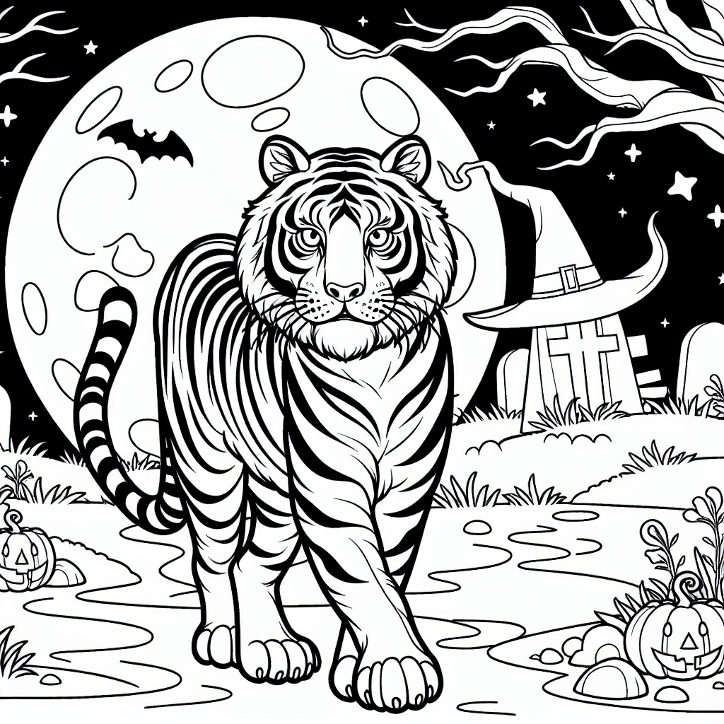 Roar into Halloween with our Tiger Moonlight Coloring Page! 1 TigerHalloweenFullMoonTemplate