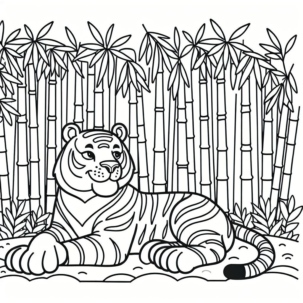 Black and white coloring page design of a Tiger in a Bamboo Forest