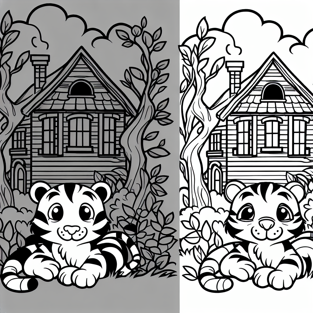 Black and white coloring page template featuring a majestic tiger near a spooky haunted house