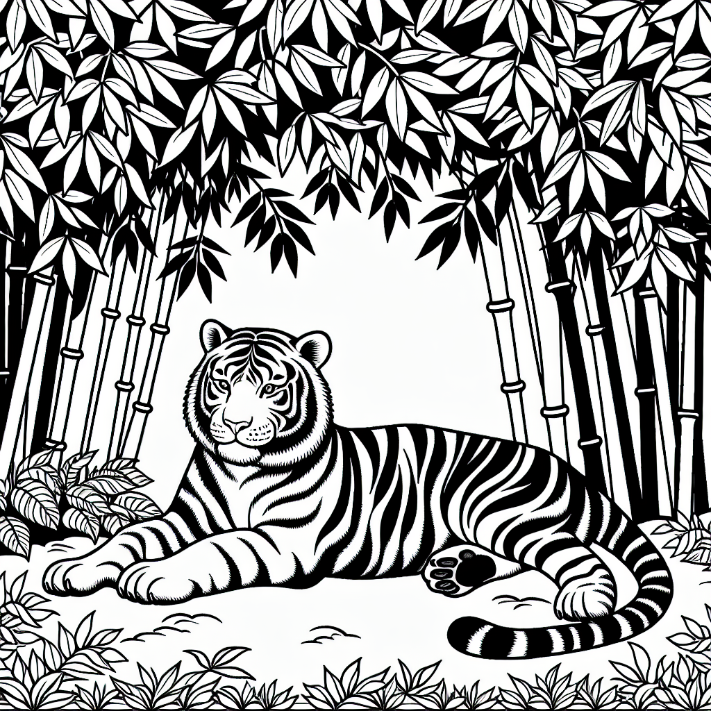 Illustration of a tiger under a bamboo canopy