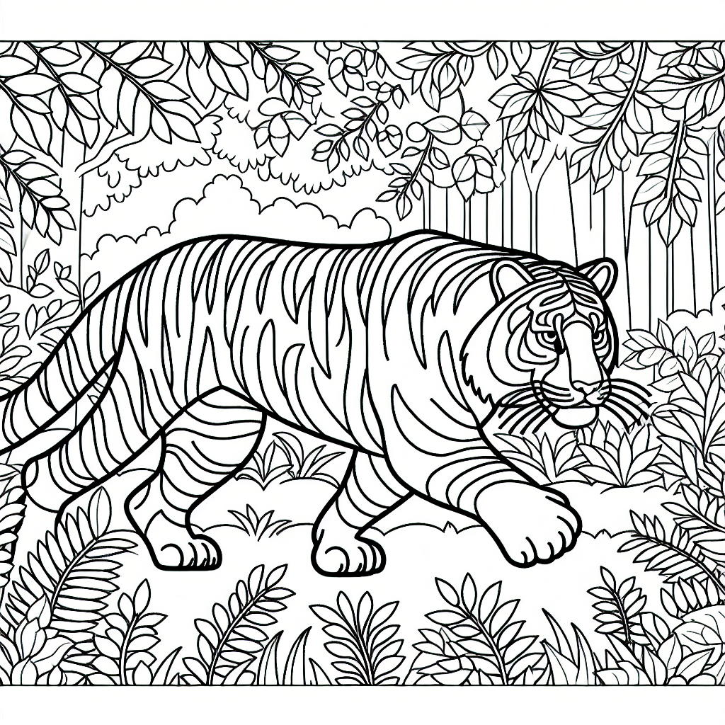 Line art image of a tiger prowling in the jungle for coloring